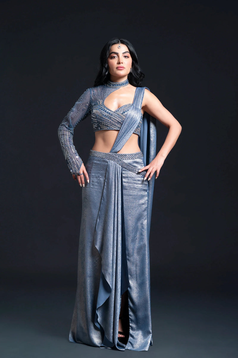 Dusty Blue Drape Saree