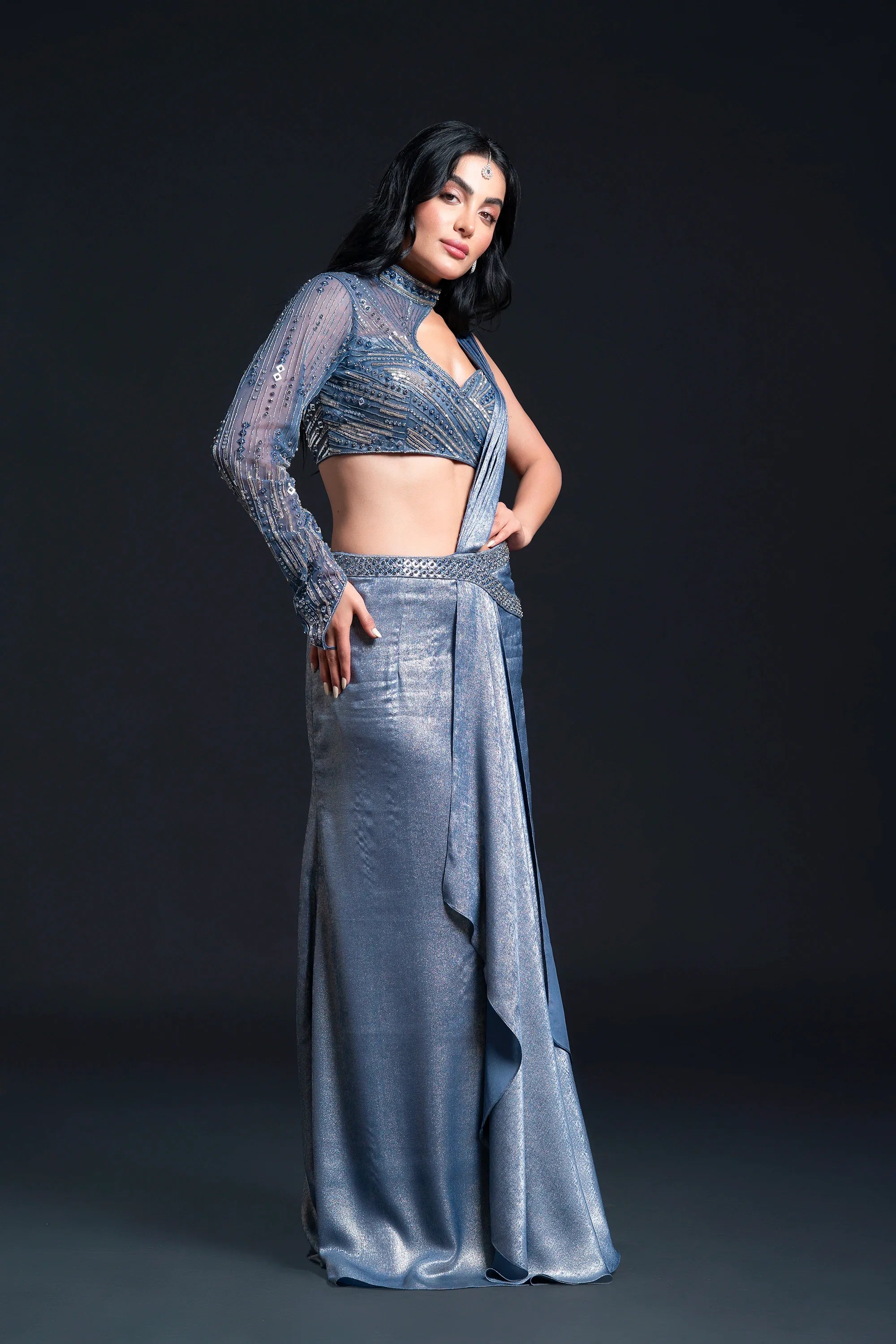 Dusty Blue Drape Saree