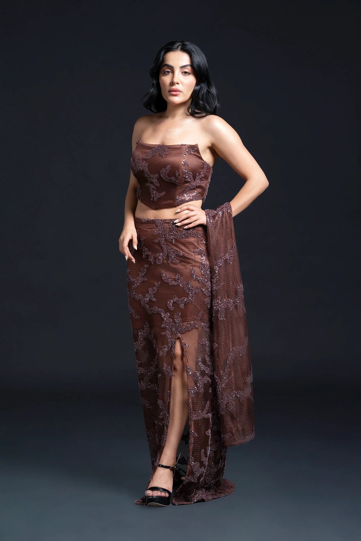 Brown Slit Long Staight Skirt Set
