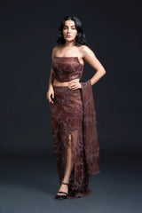 Brown Slit Long Staight Skirt Set