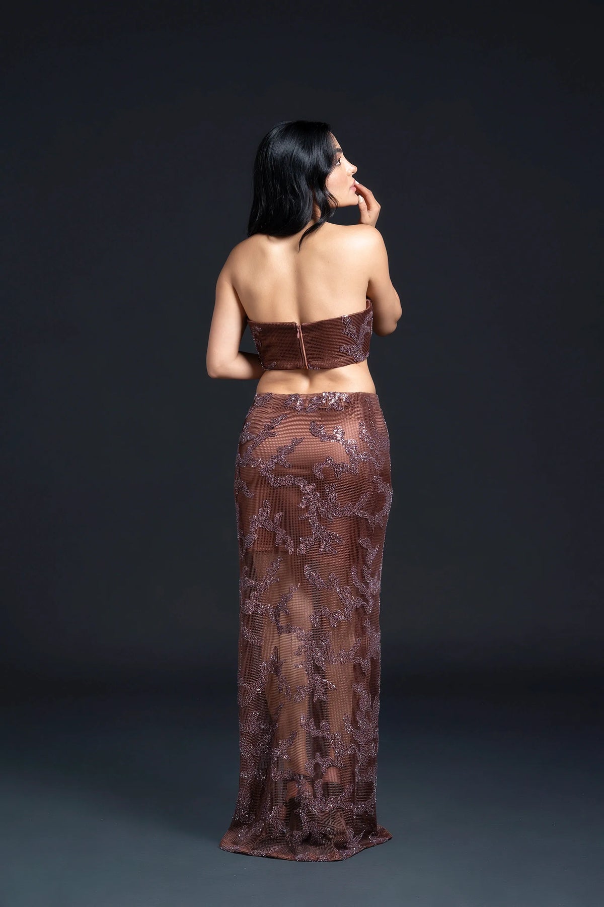 Brown Slit Long Staight Skirt Set