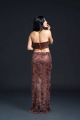 Brown Slit Long Staight Skirt Set