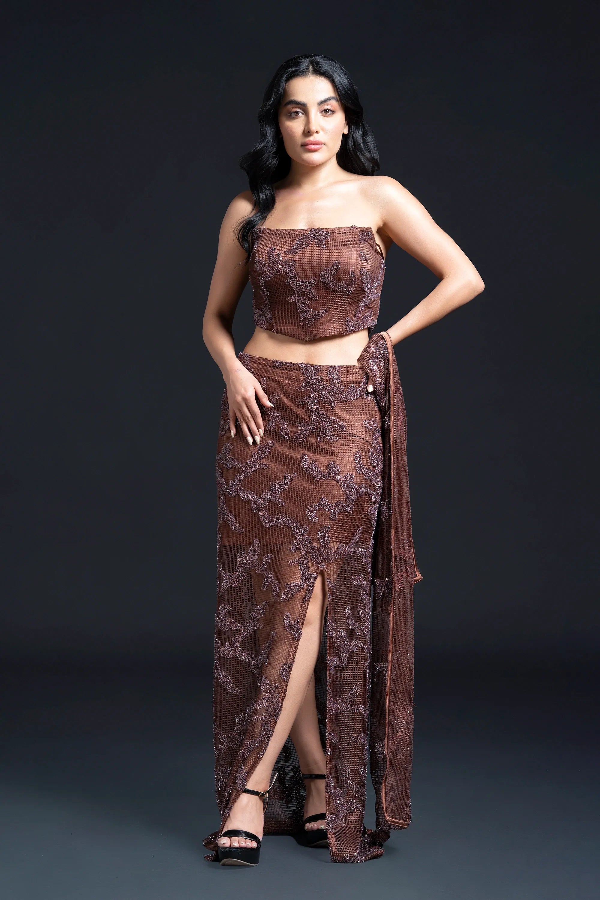 Brown Slit Long Staight Skirt Set