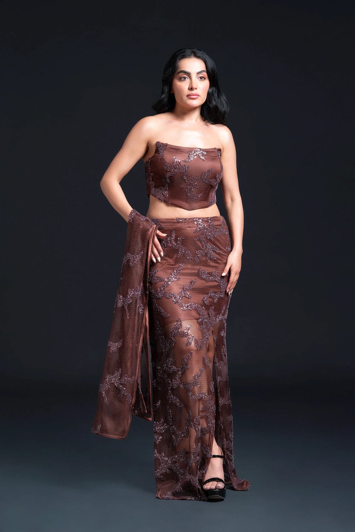 Brown Slit Long Staight Skirt Set