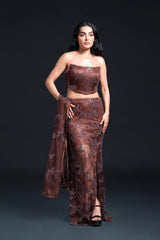 Brown Slit Long Staight Skirt Set