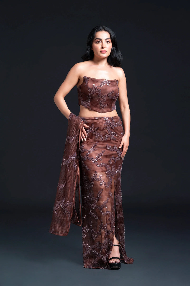Brown Slit Long Staight Skirt Set
