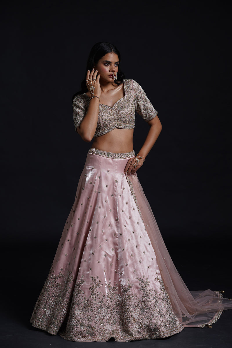 Woman wearing a traditional outfit with a pink lehenga and silver blouse against a black background