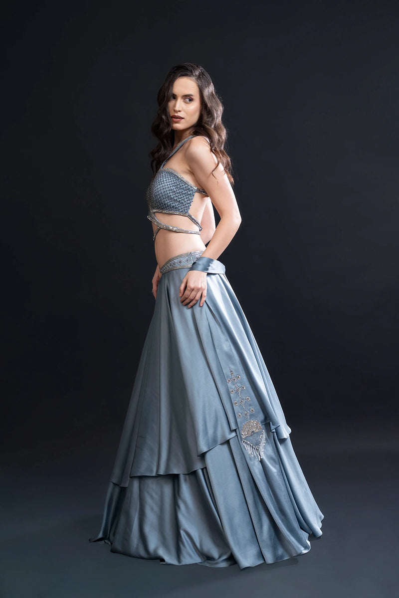 Dusty Blue Skirt Double Frilled Set