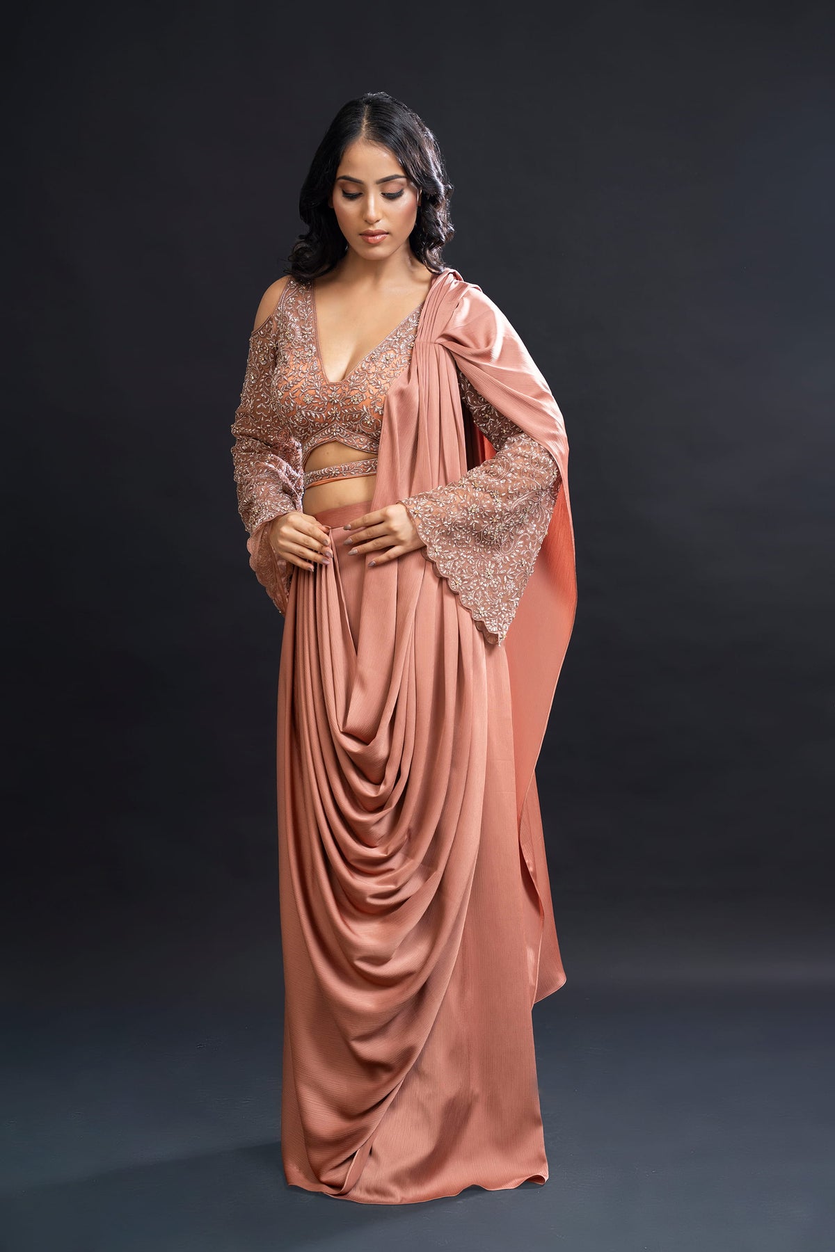 Dusty Peach Drape Saree