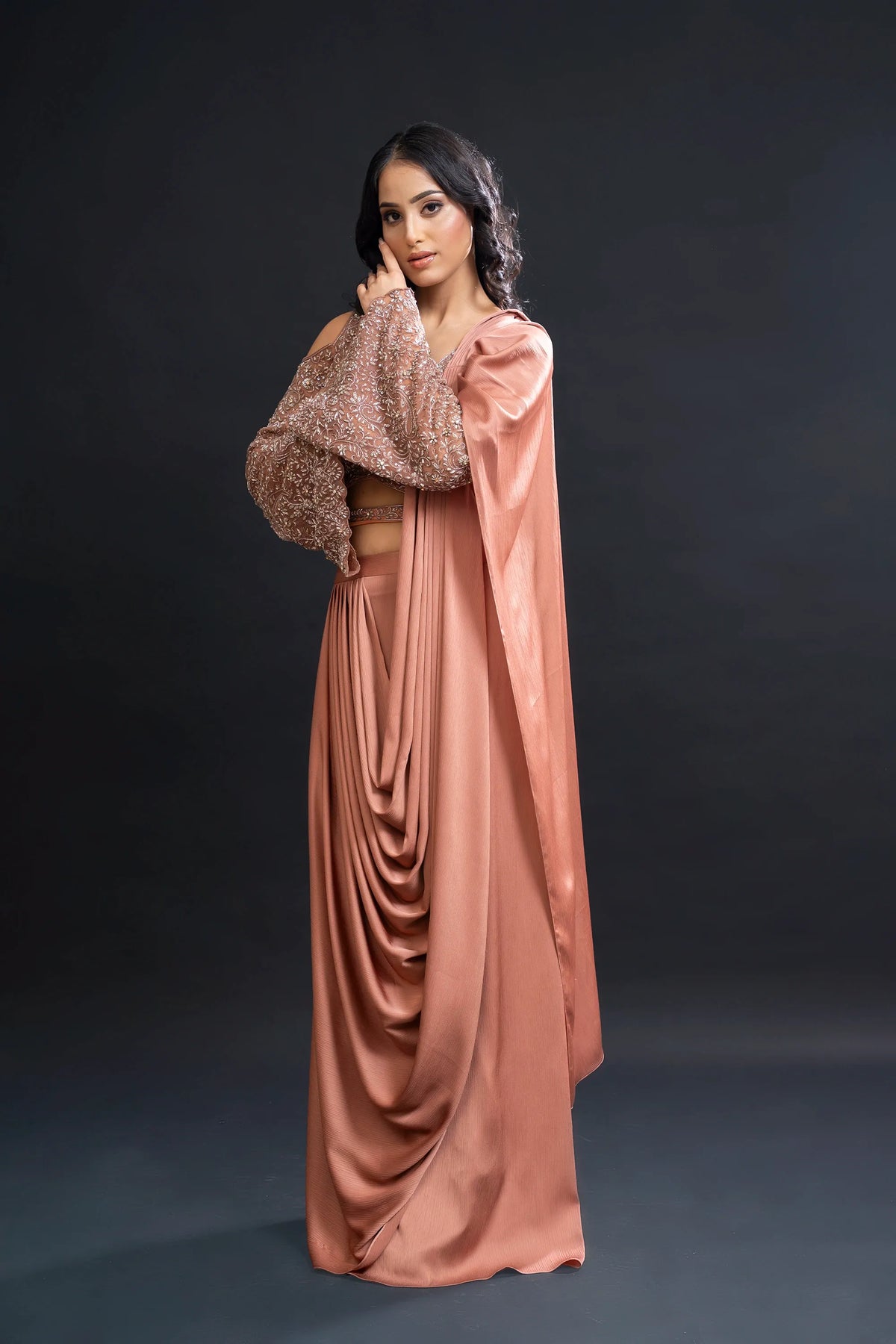 Dusty Peach Drape Saree