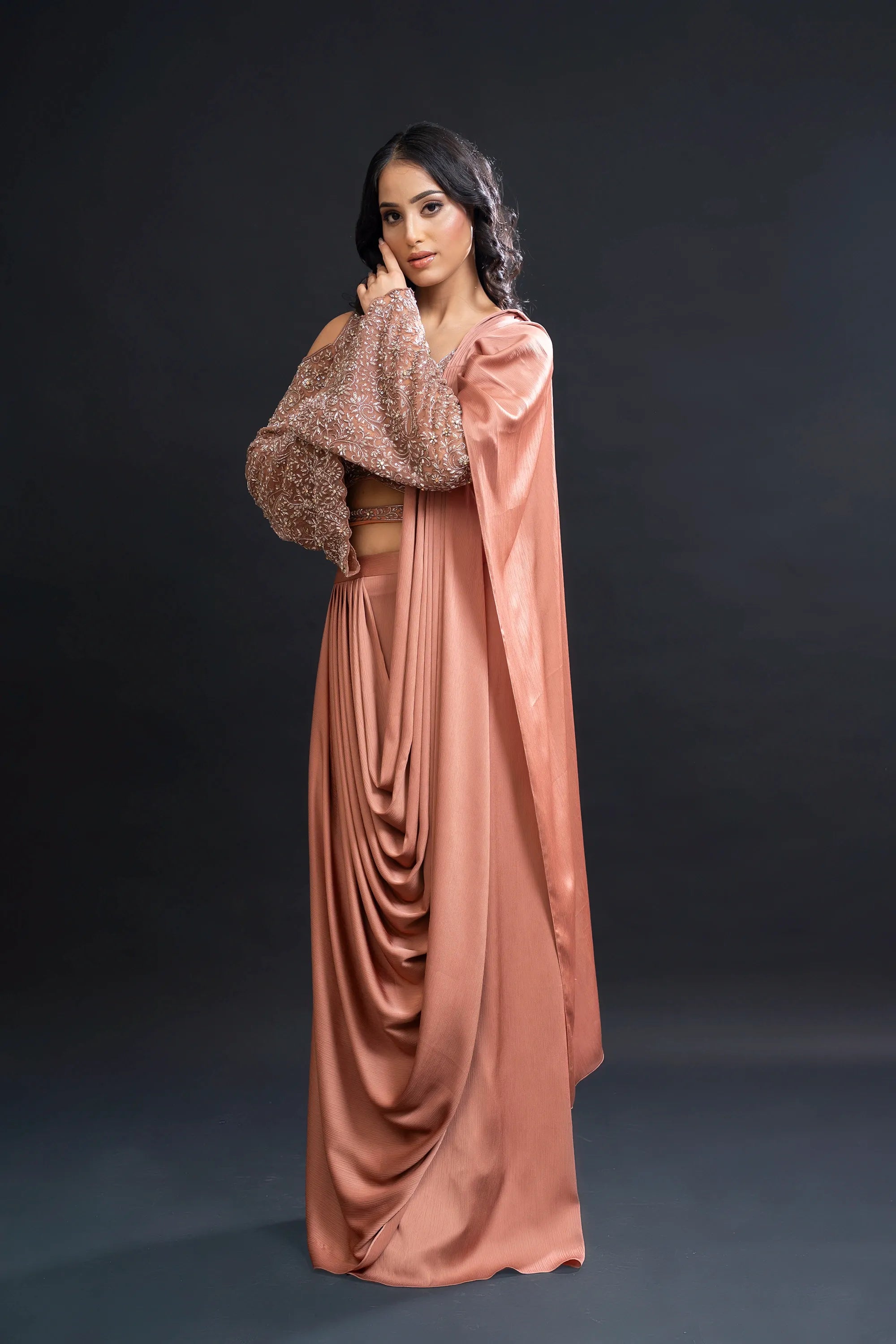 Dusty Peach Drape Saree