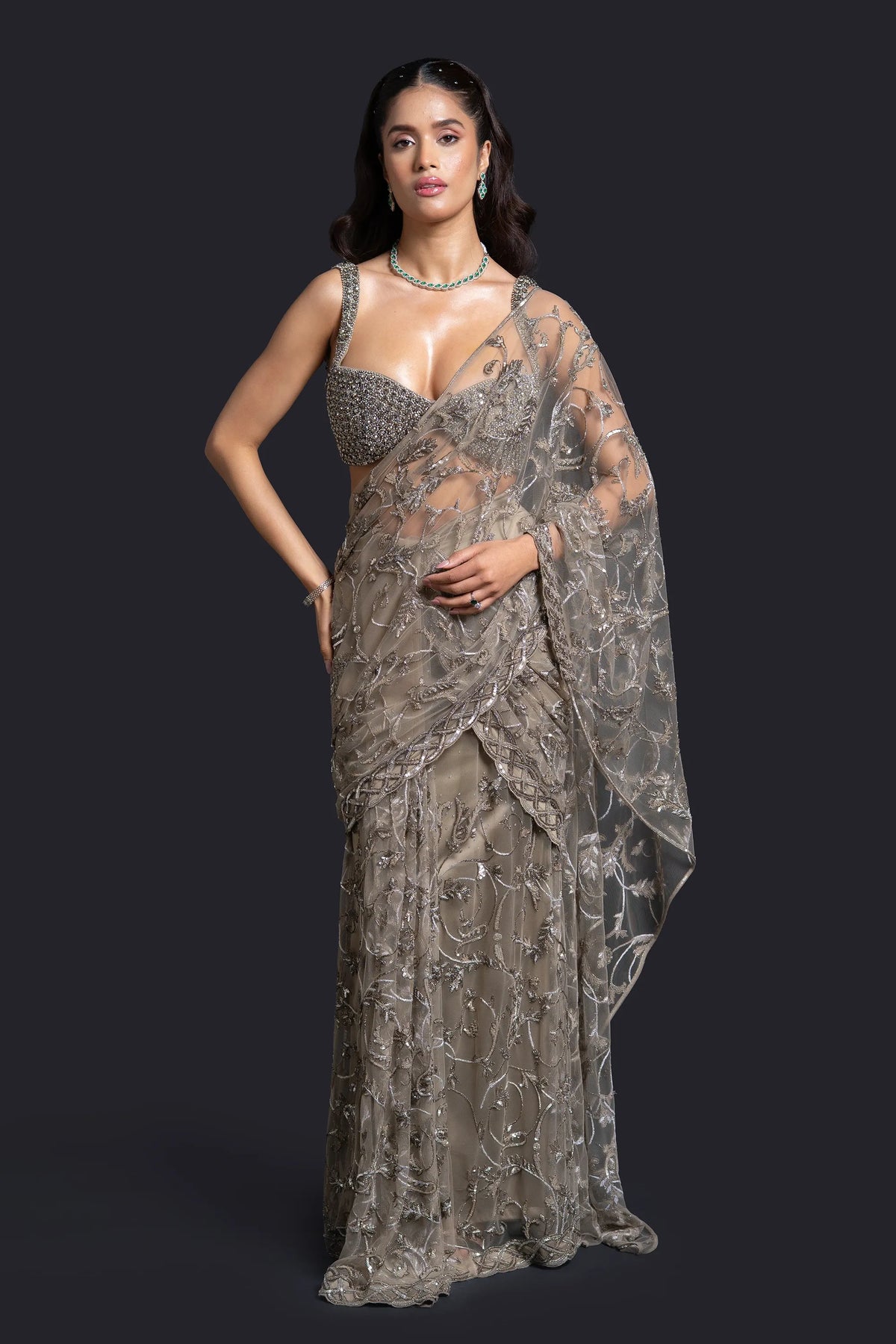 Olive Green Drape Saree