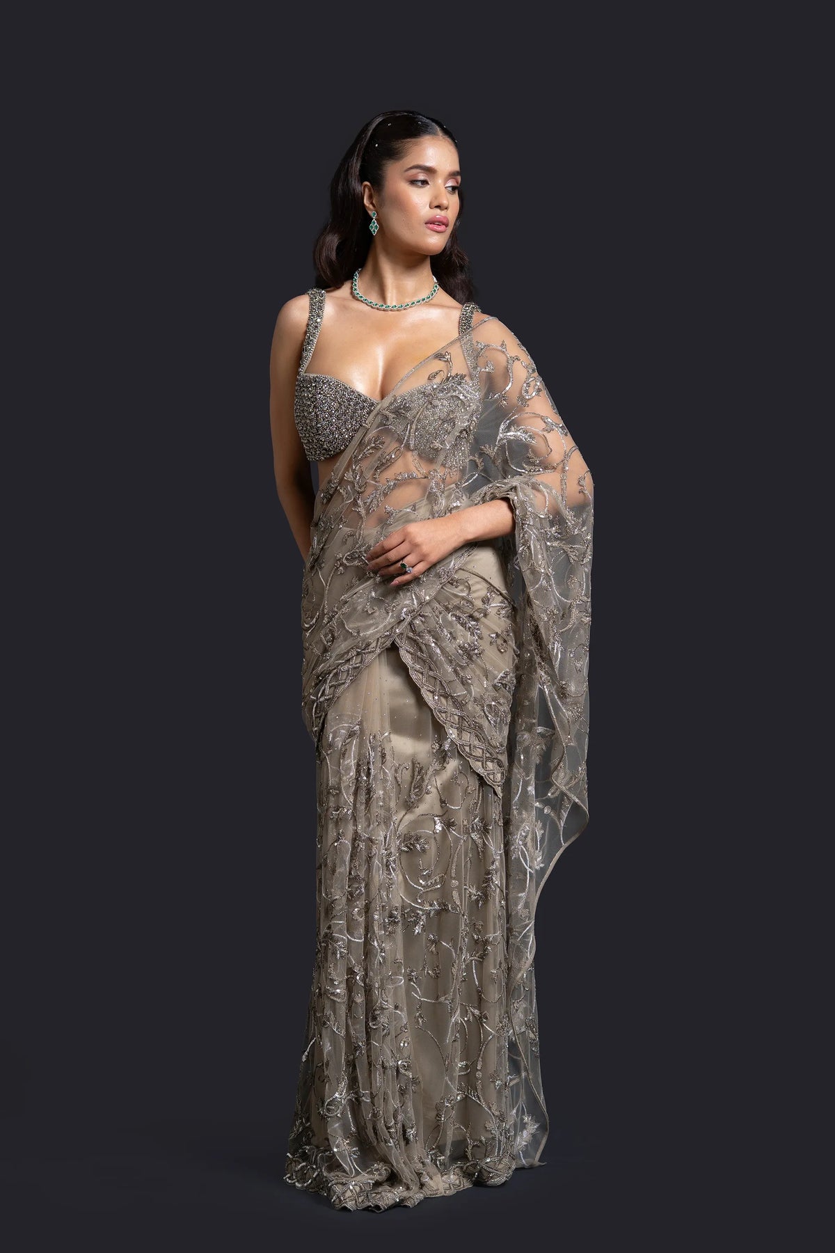 Olive Green Drape Saree