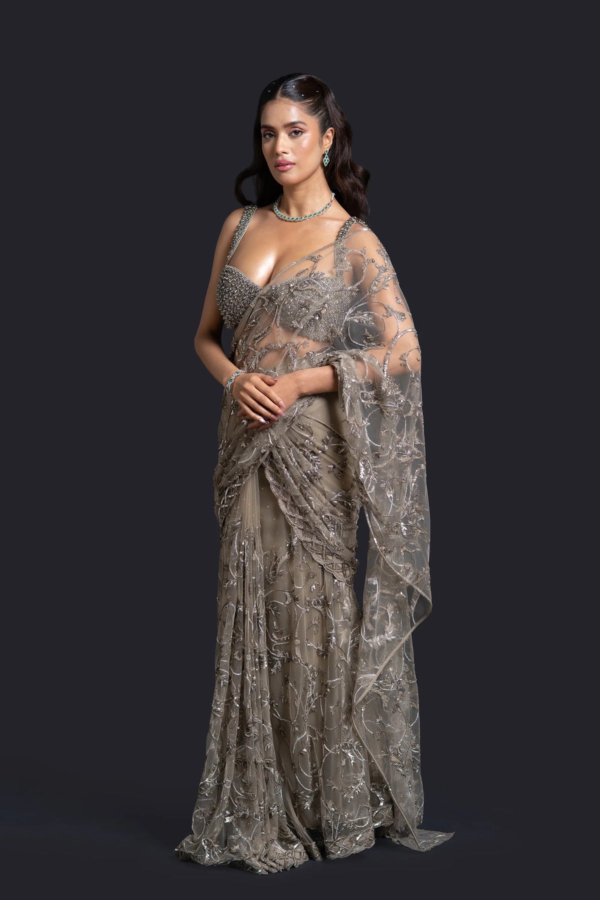 Olive Green Drape Saree