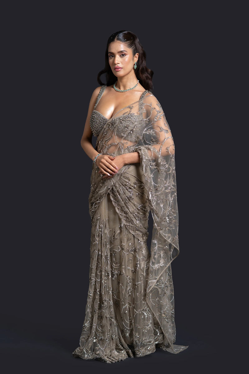 Olive Green Drape Saree